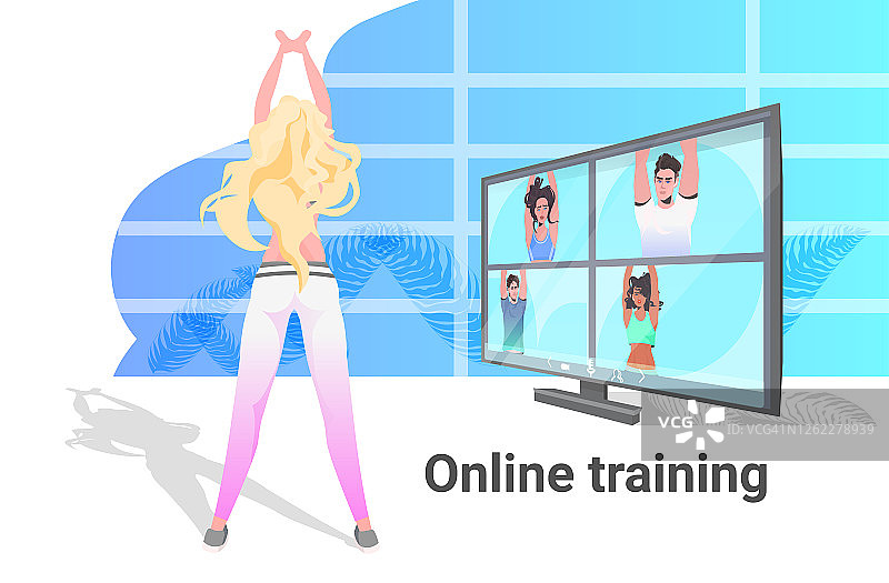 女人做瑜伽健身练习女孩看教程在电视在线培训健康生活方式概念女孩工作出水平全长矢量插图图片素材