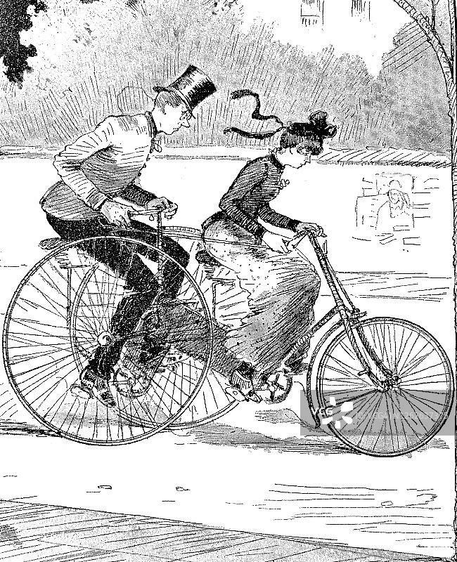 一对夫妇骑着三轮车，从侧面看图片素材