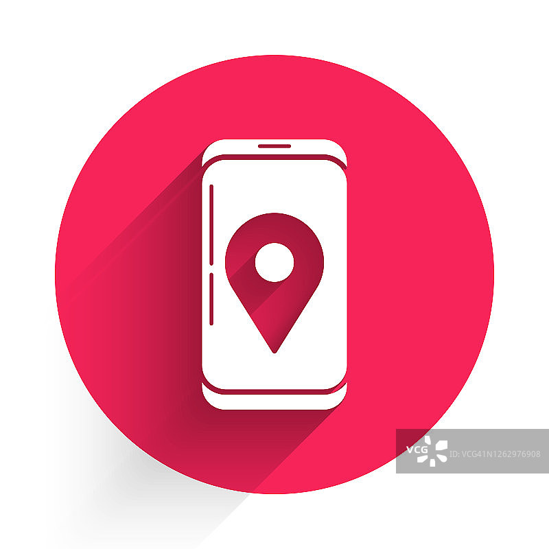 白色移动智能手机与应用程序交付跟踪图标孤立与长影子。包裹跟踪。红色圆圈按钮。矢量图图片素材