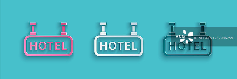 剪纸招牌户外广告与文字酒店图标孤立在蓝色背景。纸艺术风格。矢量图图片素材