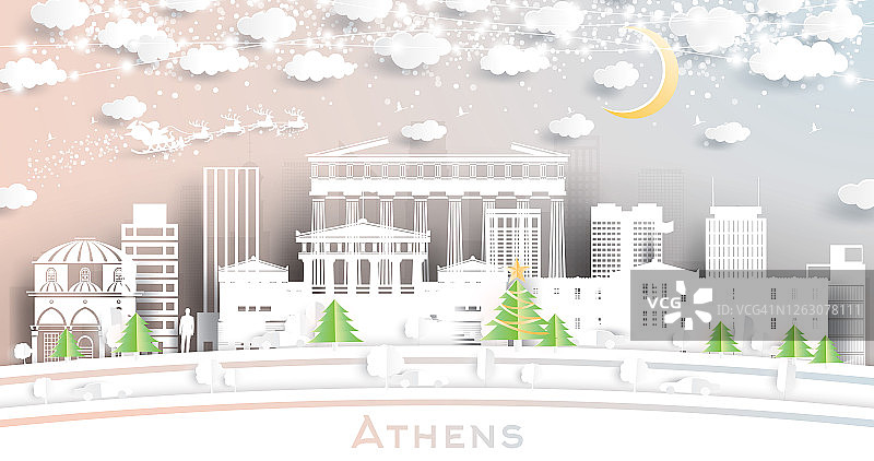 希腊雅典城市天际线剪纸风格的雪花，月亮和霓虹灯花环。图片素材