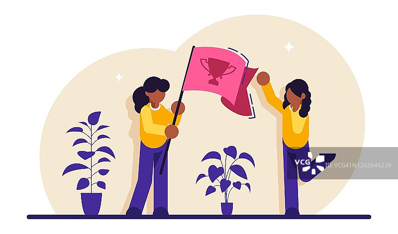 成功的概念。团队合作，目标实现，旗帜象征成功和高度。手里拿着一面旗子的女人。目标的实现。现代平面矢量插图。图片素材