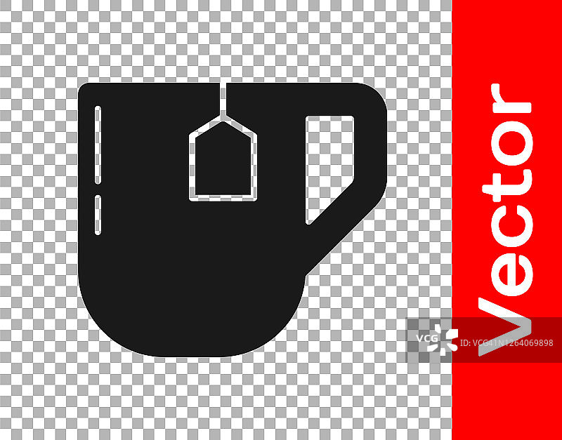 黑色茶杯的茶与茶袋图标隔离在透明的背景。矢量图图片素材
