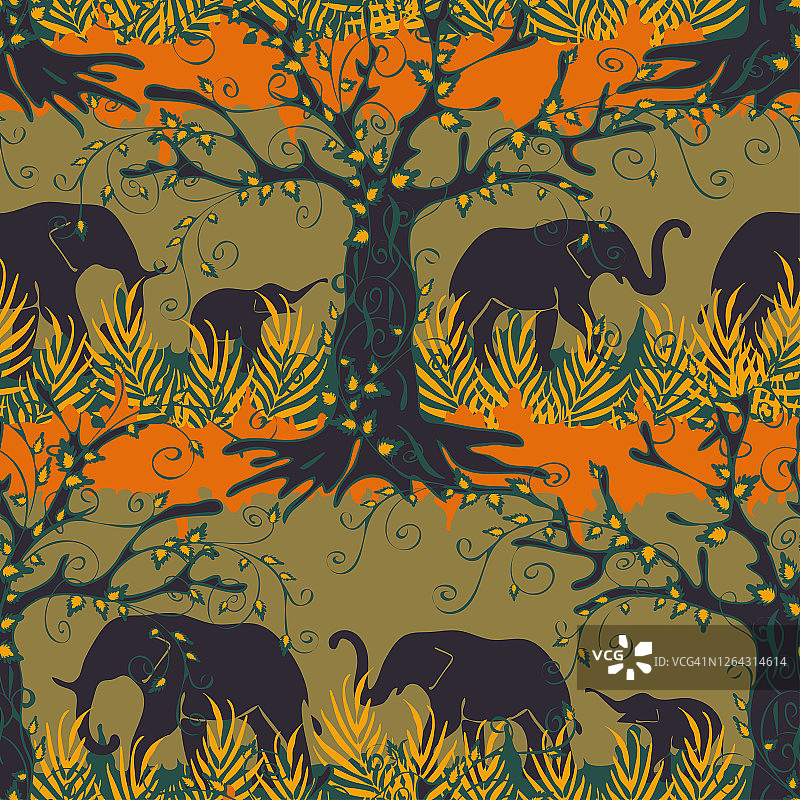 无缝矢量模式与非洲大象的轮廓在棕色的背景。草原动物墙纸设计。狩猎森林时尚纺织品。图片素材