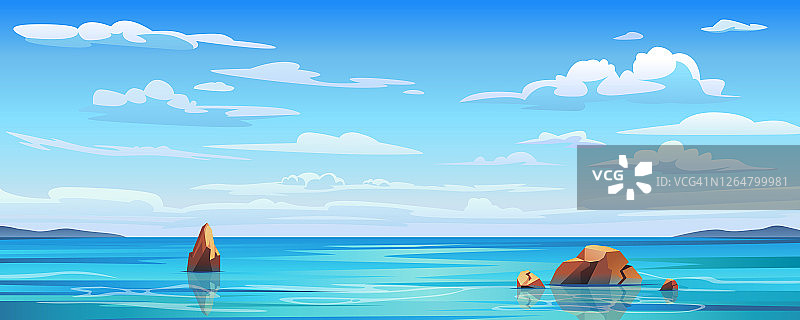 天空和太阳以大海为背景，大海和海滩矢量岛风光空平卡通。大海或海水与天空中的波浪和云，夏季蓝色海景与多云的天空和海边全景图片素材