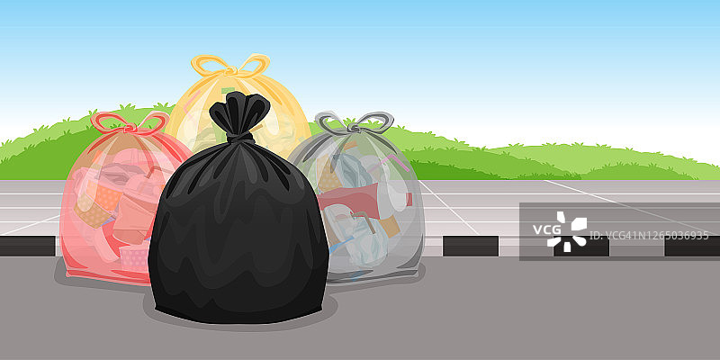 许多垃圾袋塑料垃圾在人行道地板，许多垃圾袋塑料，大量的垃圾袋塑料，堆垃圾废物，污染废物，3r图片素材
