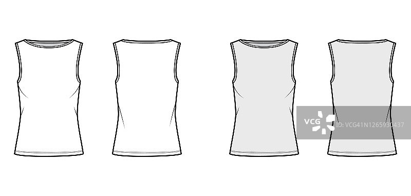 棉背心技术时尚插图与放松适合，高领，延长下摆，无袖。平的衬衫图片素材