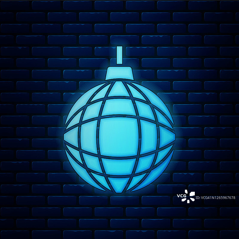 霓虹灯迪斯科球图标孤立在砖墙的背景。向量图片素材