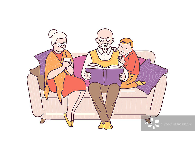 爷爷奶奶和孙子一起看书，卡通矢量插画孤立无援。图片素材