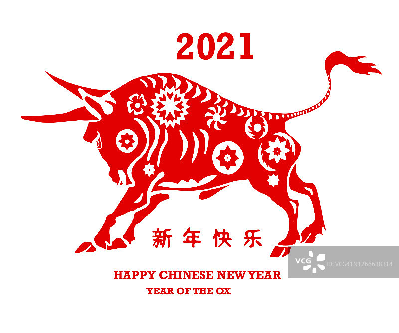 中国新年2021年牛年。红纸剪牛。新年贺卡。图片素材