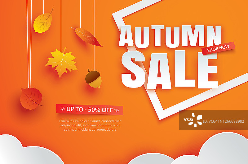 秋季销售，橙色背景的纸艺术风格的叶子。图片素材