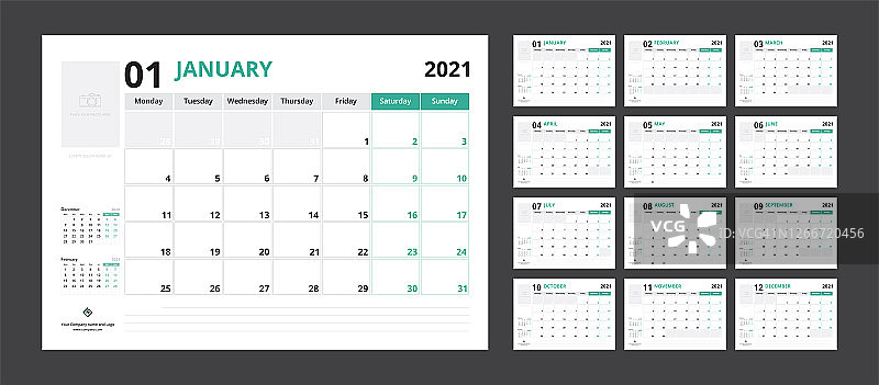 2021年日历计划为模板公司设计周开始周一。图片素材