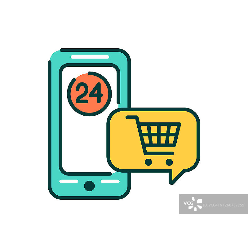 网上购物手机应用在智能手机颜色线图标。象形文字用于网页、手机应用、促销。UI UX GUI设计元素。可编辑的中风图片素材
