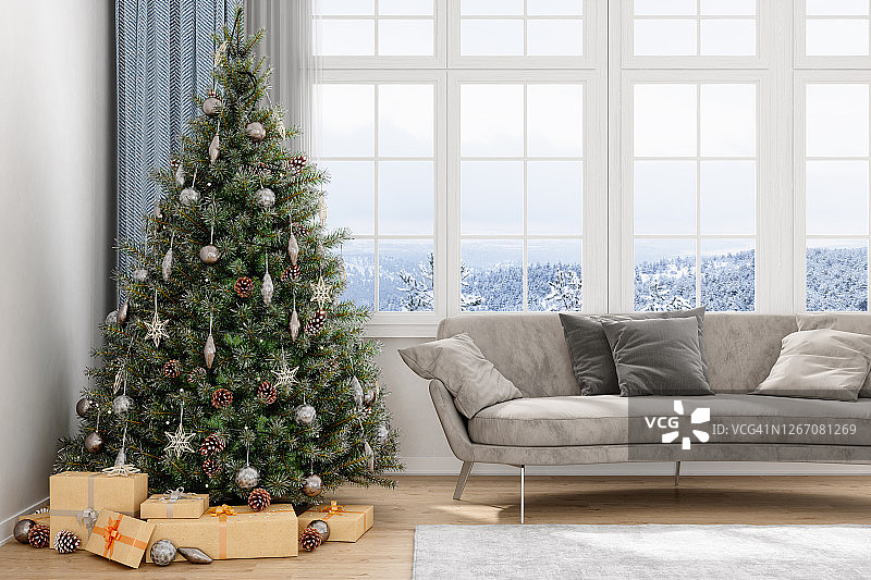 圣诞树，礼物和沙发与雪景图片素材