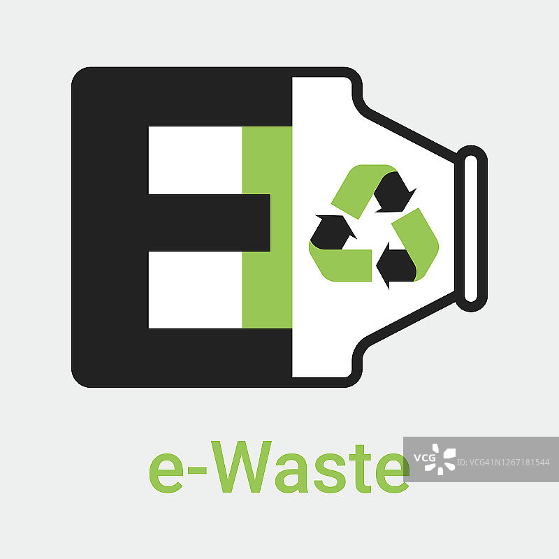 电子垃圾图标。废旧电子废弃物以回收再利用为标志。生态学的概念。以字母E设计，插入和回收标志。平面颜色风格矢量孤立在灰色背景图片素材
