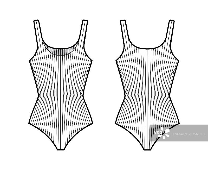 罗纹棉紧身背心技术时尚插图与合身的针织身体，无袖。平用旧卡米图片素材