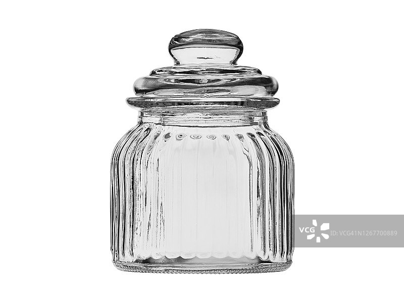 玻璃罐，糖碗，盖上玻璃盖子。孤立在白色背景上图片素材