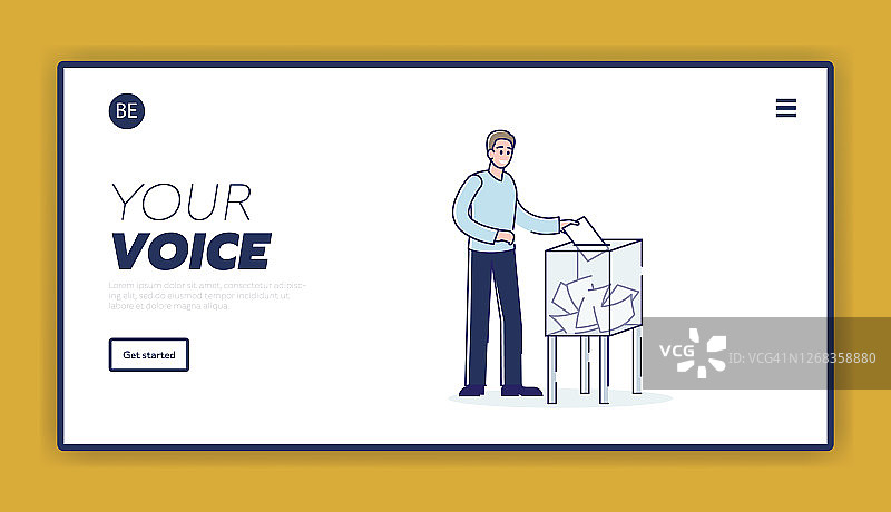 投票选举登陆页设计与男子投掷投票选票在投票箱图片素材