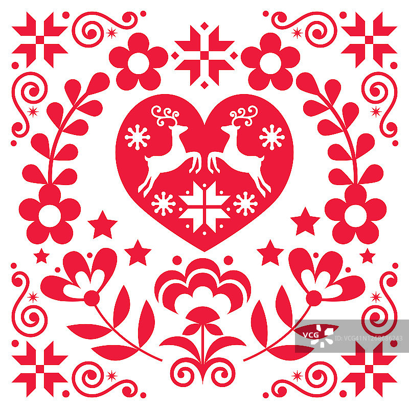 圣诞斯堪的纳维亚矢量贺卡图案-民间艺术风格与驯鹿，圣诞树和鲜花图片素材