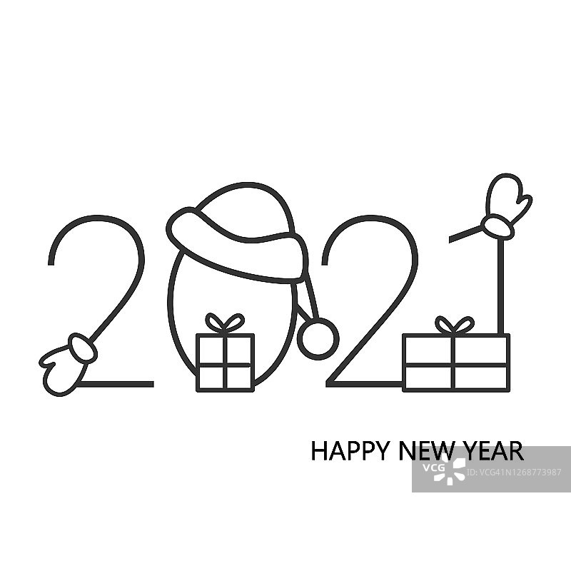 用雪人和礼物问候新年快乐。可编辑的插图。图片素材