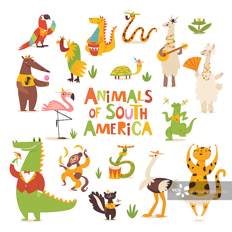 矢量卡通南美动物滑稽的人物在扁平风格图片素材