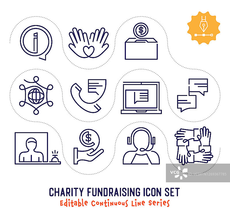 慈善筹款可编辑的连续线图标包图片素材