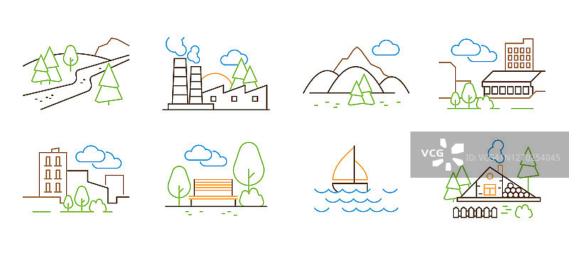 线性景观。树，山，云，房子，公园矢量细线插图图片素材