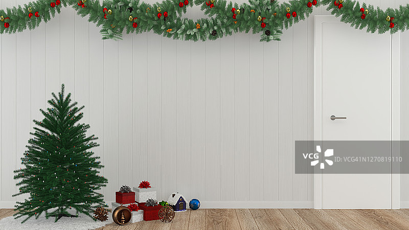 室内客厅与圣诞树装饰3d渲染图片素材