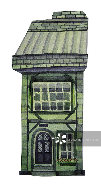 水彩手绘老木绿色房子与绿色的叶子和草孤立在白色的背景图片素材