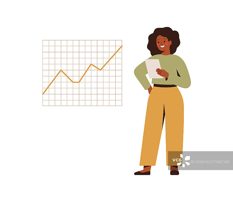 黑人女商人拿着平板电脑，看着上升的图形或趋势。图片素材