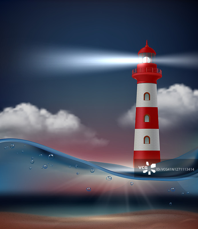 海洋中的灯塔。夜间海洋景观与灯塔为船舶导航矢量现实背景图片素材