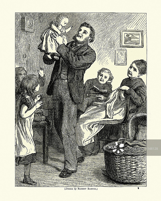 19世纪70年代，维多利亚时代，一家人迎来了一个新生儿图片素材