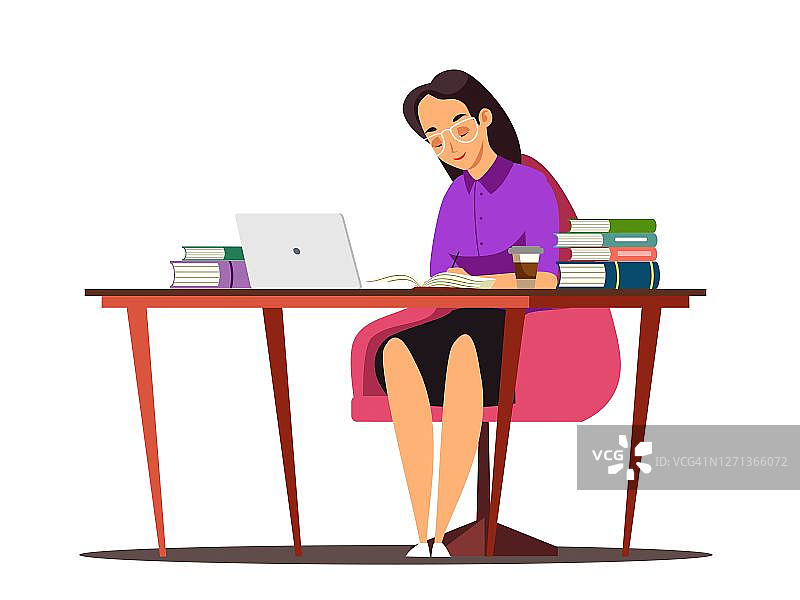 商业妇女工作在笔记本电脑在办公室人物卡通矢量插图。女孩坐在电脑桌前，公司工作。快乐的员工，年轻的女商人，工作空间的员工图片素材