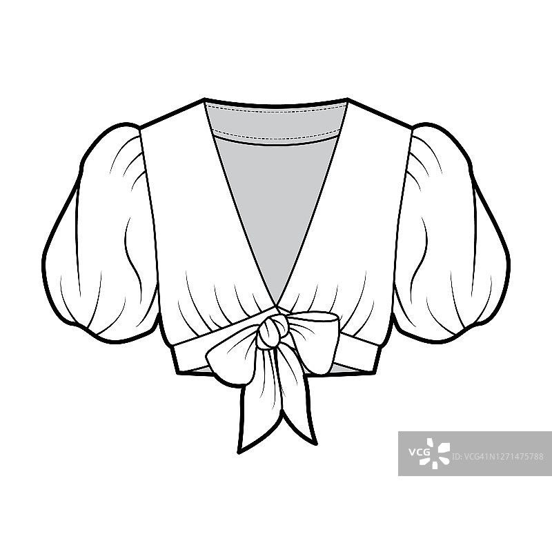 领口裁剪衬衫技术时尚插图与宽松的短泡袖，低胸领口平坦的衬衫图片素材