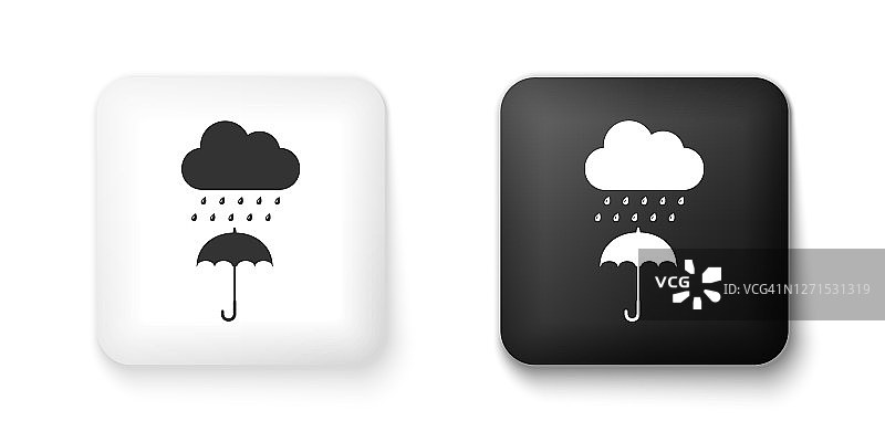 黑色和白色的云与雨滴伞图标孤立在白色的背景。方形按钮。向量图片素材