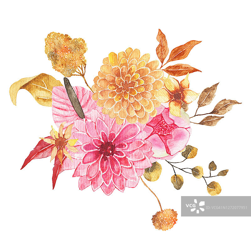 水彩秋天的花束与鲜花玫瑰，大丽花，牡丹，橙色绿叶图片素材