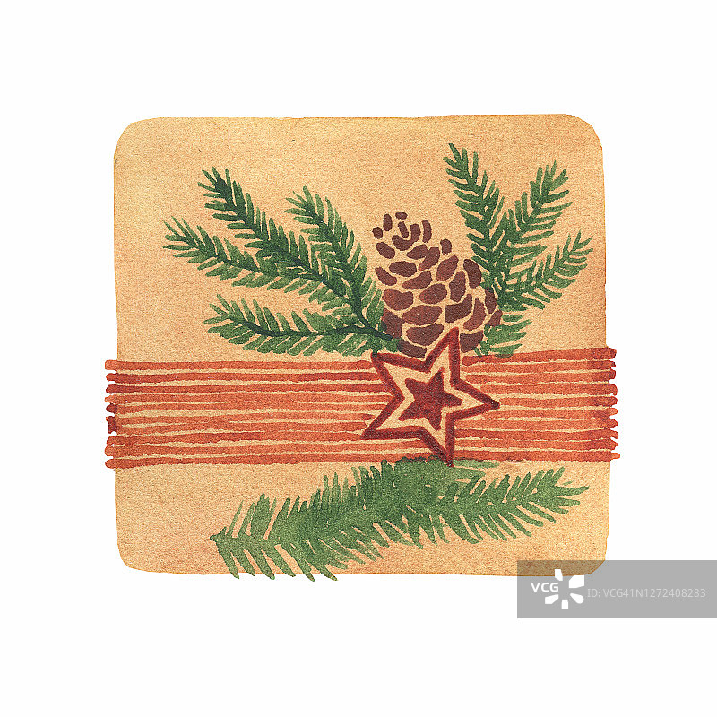 圣诞和新年快乐礼盒用手工包装纸装饰云杉树枝和红星，复古风格。水彩画手绘插图孤立在白色背景图片素材