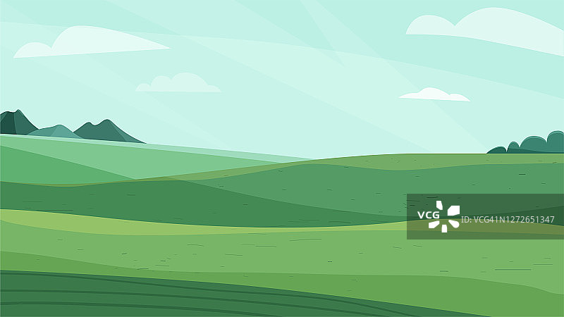景观矢量插图。绿色的草地、山丘、植物和蓝天白云。春天大自然，夏天田园风光。农村为有机生产的背景图片素材