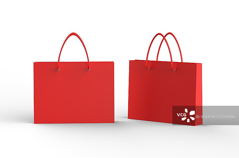 红色购物纸袋，手提袋模型模板上孤立的白色背景，3d插图图片素材
