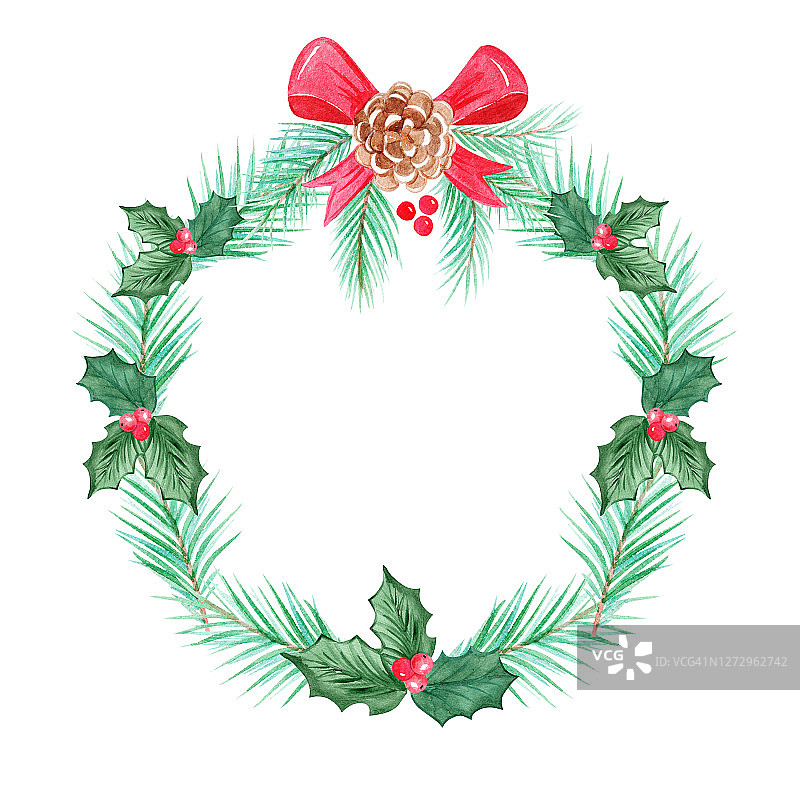 水彩圣诞绿色花环与松树和冬青孤立在白色的背景图片素材