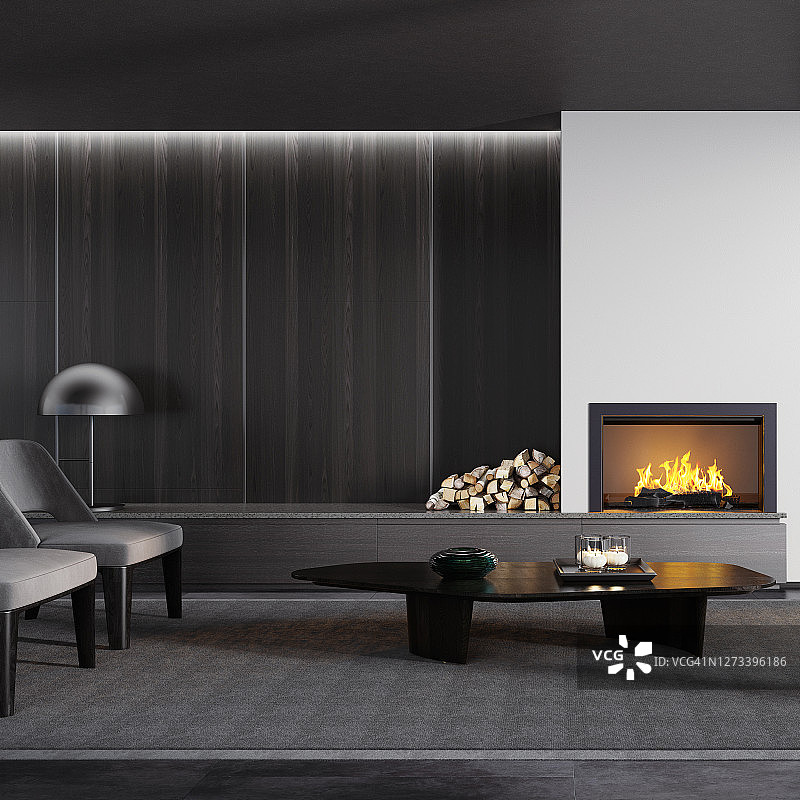 现代极简公寓室内客厅与壁炉图片素材