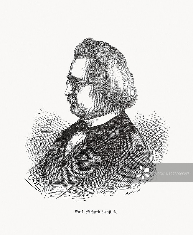 卡尔·理查德·莱普修斯(1810-1884)，德国埃及古物学家，木刻，1893年出版图片素材