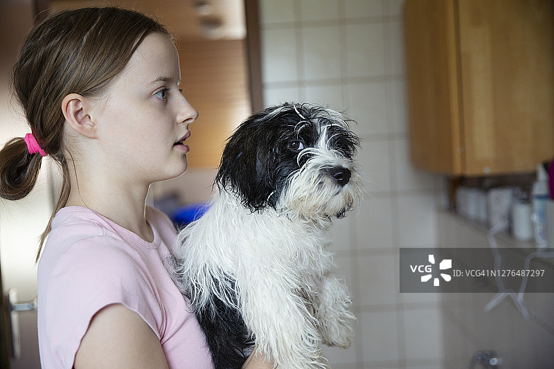 潮湿的黑色和白色的小狗给侧视和抱着一个十几岁的女孩与震惊的表情图片素材