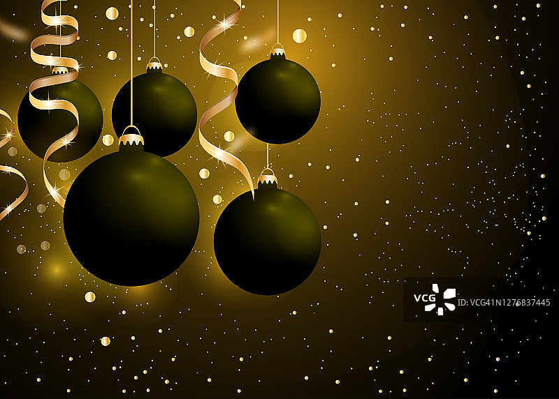 圣诞和新年背景与黑色的球和金色的丝带在黑色的背景。发光悬挂圣诞装饰品。寒假装饰。向量图片素材