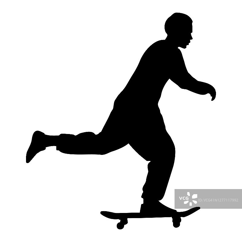 黑色剪影的家伙骑滑板孤立在白色的背景。街头风格,地下。图片素材
