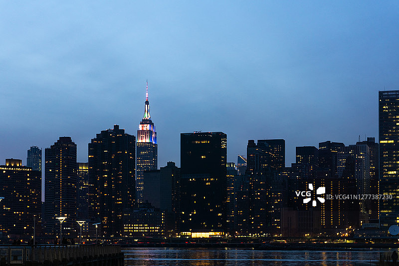 黄昏时分，东河上的纽约城市全景和曼哈顿的天际线图片素材