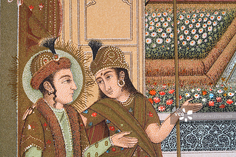 19世纪，印度莫卧儿王子在欣赏花园图片素材