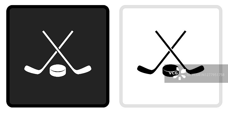 冰球棍和冰球图标上的黑色按钮与白色翻转图片素材