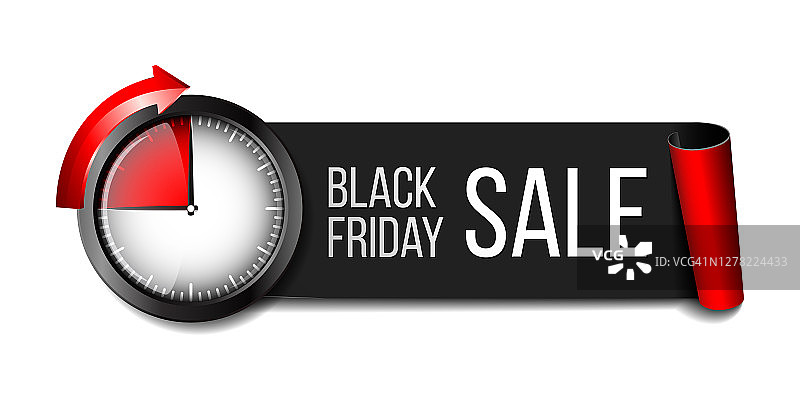 黑色现实曲线纸横幅丝带与计时器黑色星期五超级销售。图片素材