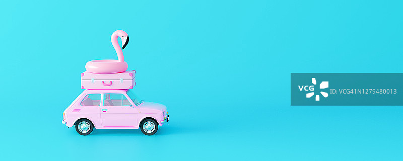 粉红色的车，行李和火烈鸟在淡蓝色的背景。创造性的最小夏季概念概念3D渲染图片素材